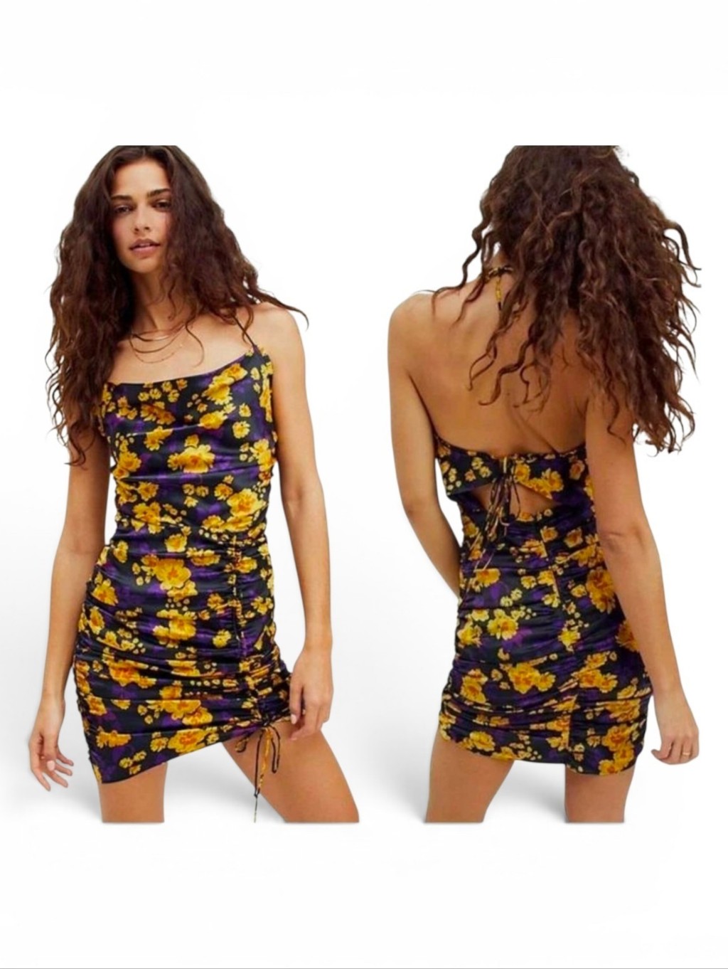 Nwt Free People X For Love & Lemons Floral Satin Ruched Leah Mini Dress - Medium